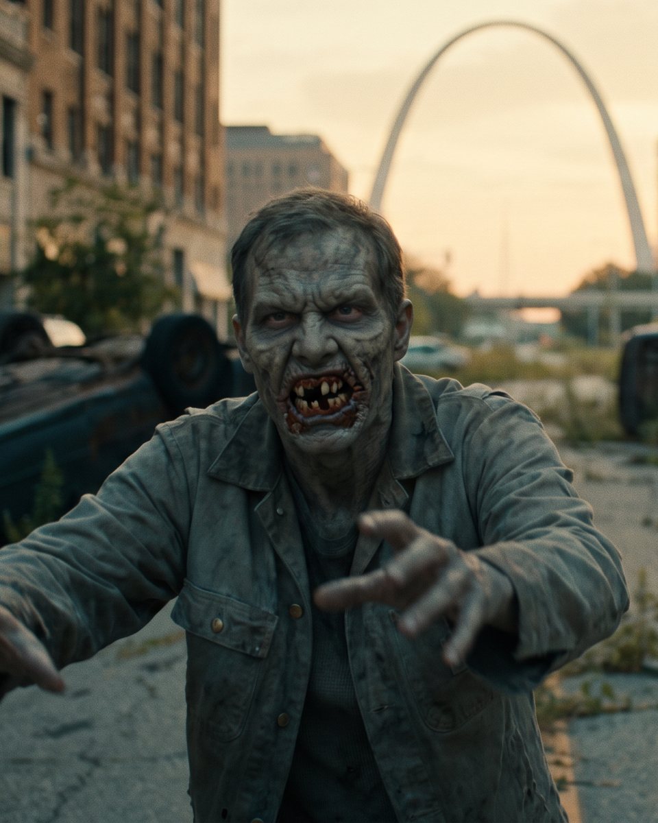A zombie in a deserted St. Louis street with decayed, broken teeth
