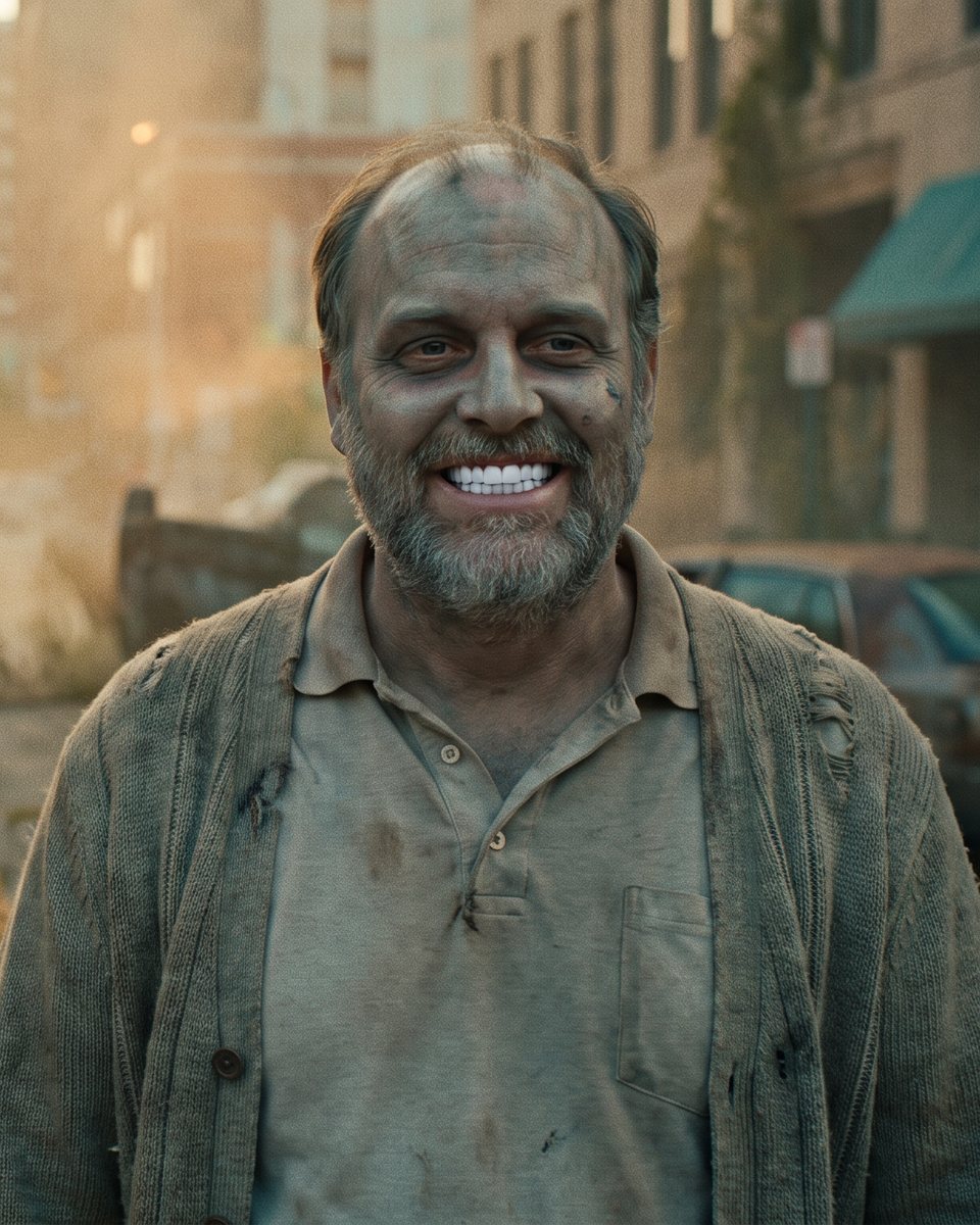 A zombie in front of the Gateway Arch smiling with a full set of white teeth